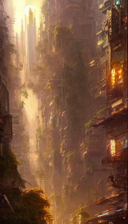 Prompt: golden goddess cutting a hyper realistic cyberpunk city in half with magic, crowded market street overtaken by lush plants, kittens, full moon, light rays, gnarly trees by tom bagshaw, mucha, gaston bussiere, craig mullins, j. c. leyendecker 8 k