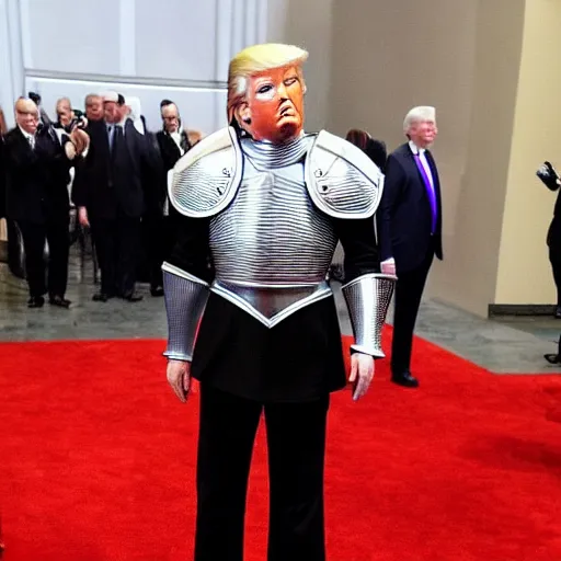 Image similar to full - body - front - shot!!!!!!!, donald trump wearing knight'armor, crown, detailed face!!!!!! of donald trump