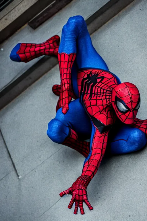 Image similar to cinematic still of spiderman homeless