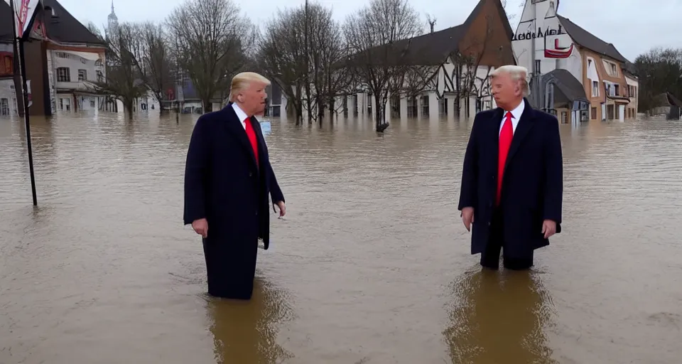 Prompt: Donald Trump visiting a small german town that is being flooded, movie screenshot, dramatic scene