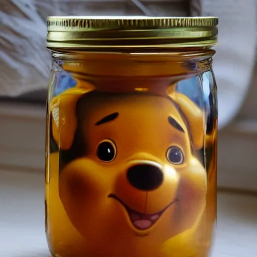 Image similar to a jar - sized winnie the pooh head = a jar of honey, surreal, realism