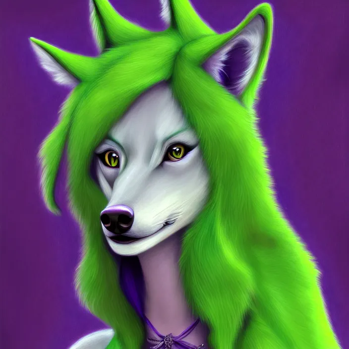Image similar to a digital painting of an anthropomorphic female wolf fursona with long violet hair wearing a green dress, symmetry, focus, furry, soft lighting, oil on canvas, hyper detailed