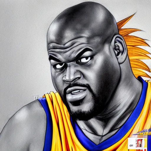 Prompt: ultra realistic portrait painting of shaquille o'neal as goku, art by akira toriyama, 4 k, dragon ball artstyle, cel shaded, highly detailed, epic lighting