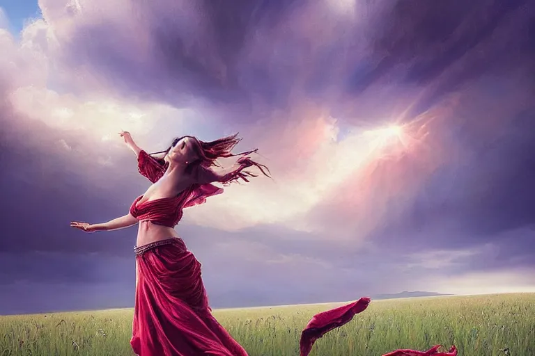 Prompt: absolutely stunning beautiful virgin dancing in summer field in dramatic lighting, indentical eyes, perfect hands, perfect body, dramatic shadows, dramatic details, dramatic zoom, dramatic closeups, dramatic portrait , dramatic lenses, dramatic gfx, dramatic everything, trendind everywhere, dramatic national geographic award winning, dramatic digital art by Greg Rutkowski and Thomas Kinkade