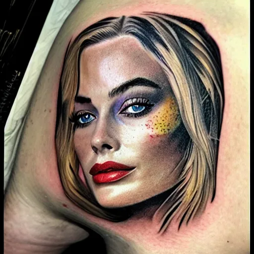 Prompt: face morph tattoo design sketch of margot robbie blended in beautiful mountain scenery, in the style of matteo pasqualin, amazing detail