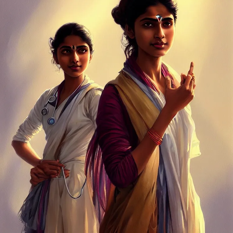 Image similar to Anxious pretty young Indian doctor in modern clothes waiting at the airport, portrait, sci-fi face, elegant, highly detailed, digital painting, artstation, concept art, smooth, sharp focus, illustration, art by artgerm and greg rutkowski and alphonse mucha