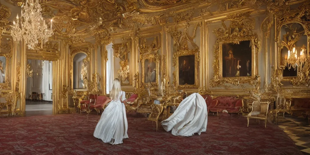 Prompt: highly detailed long-shot photo of a long hair princess walking in a baroque dreamy room full of renaissance furniture, cinematic lighting, intricate, 4k resolution, elegant