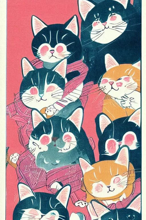 Image similar to Piles of cats, Kawaii Japanese illustration, 1980s