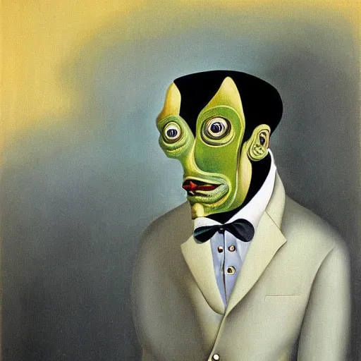 Prompt: A portrait of a humanoid lizard wearing a suit, eerie, by Salvador Dali