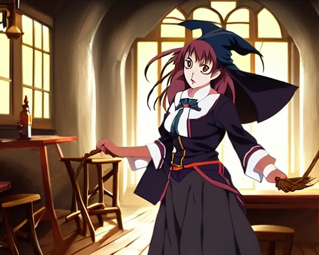 Image similar to key anime visual portrait of a young female witch in a tavern interior defending a companion, dynamic pose, dynamic perspective, cinematic, dramatic lighting.