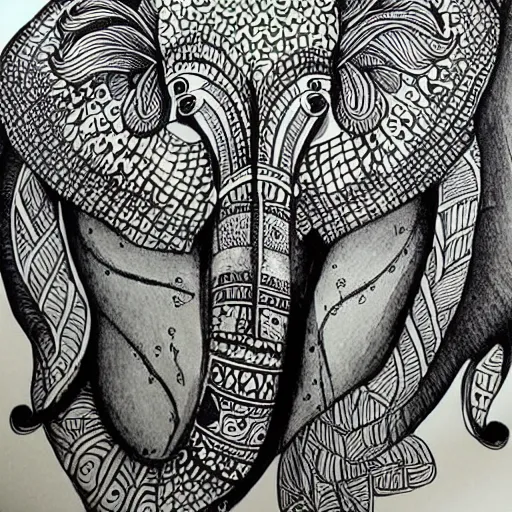 Prompt: elephant, ink illustration, zentangle art, very beautiful masterpiece