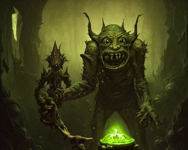 Image similar to 4 k cinematic still portrait of a goblin in a dark liminal space room, nurgle, deep focus, d & d, fantasy, intricate, repulsive, highly detailed, digital art, art station, concept art, matte, sharp focus, illustration, dark fantasy art, hearthstone, art by artgerm and greg rutkowski and alphonse mucha