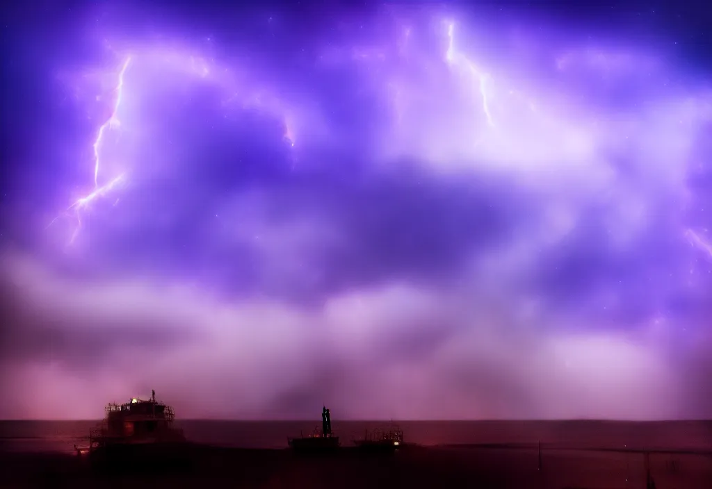 Prompt: purple color lighting storm with stormy sea, pirate ship pirate ship pirate ship firing its cannons trippy nebula sky 50mm shot fear and loathing movie