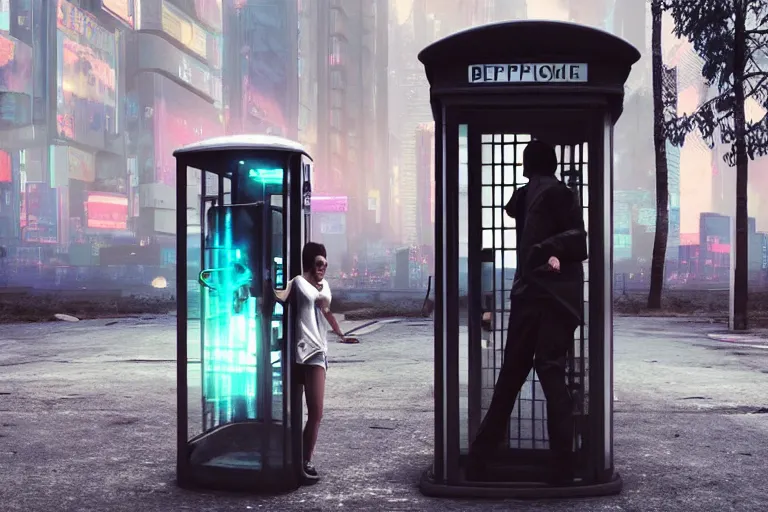 Image similar to a person jumping in the air in front of a phone booth, cyberpunk art by beeple, cgsociety contest winner, retrofuturism, octane render, concept art, dystopian art