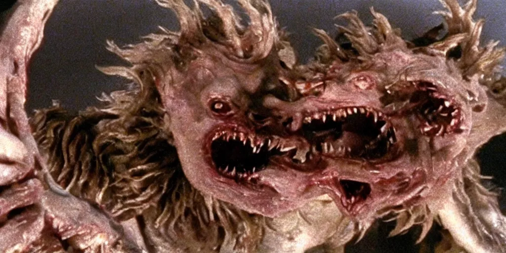 Image similar to filmic extreme closeup dutch angle movie still 4k UHD interior 35mm film color photograph of a man's hand being mutilated by a grotesque snarling chimera creature from The Thing in 1982