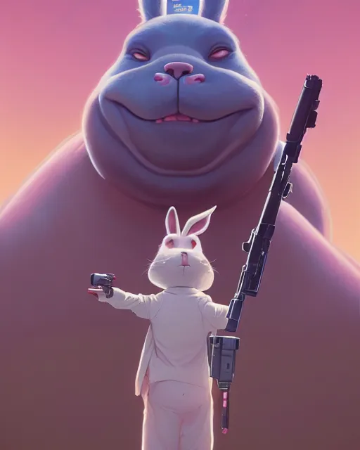 Image similar to highly detailed surreal vfx portrait of a cute, happy big chungus, shooting two mac - 1 0 s, stephen bliss, unreal engine, greg rutkowski, loish, rhads, beeple, makoto shinkai and lois van baarle, ilya kuvshinov, rossdraws, tom bagshaw, alphonse mucha, global illumination, detailed and intricate environment