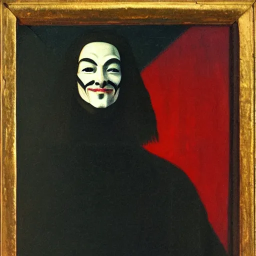 Prompt: a renaissance style portrait painting of V for Vendetta