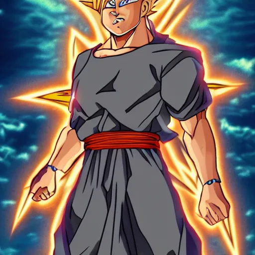 Prompt: jesus Christ as super saiyan, lightning in the sky, glowing, highly detailed, anime