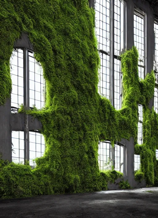 Image similar to “derelict architecture single building , the windows are covered in moss with growing vines, building designed by architect Zaha Hadid, architecture digest, building surrounded in a luxury environment, bright tones, fluorescent lighting,volumetric Lighting, photorealism, high detail, golden ratio, cinematic, octane renderer”