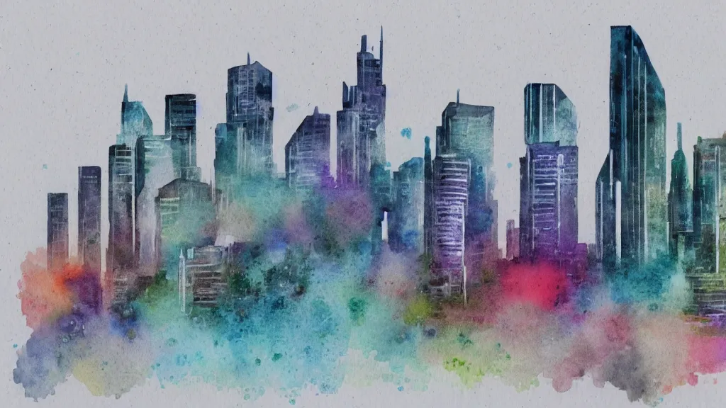 Image similar to watercolor mockup of modern future city, quick aquarelle painting