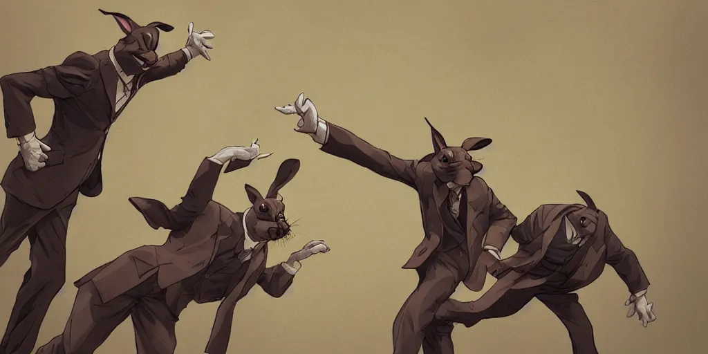 Image similar to two rabbits in suits are fighting, cartoonish, zenith view, warm color palette, night time, dramatic lighting, noir film, fine details, high contrast, blacksad, kim jung gi, greg rutkowski, trending on artstation, 8 k, ultra wide angle