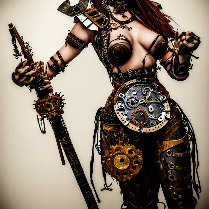 Image similar to full length portrait photograph of a real-life beautiful woman clockpunk warrior. Extremely detailed. 8k