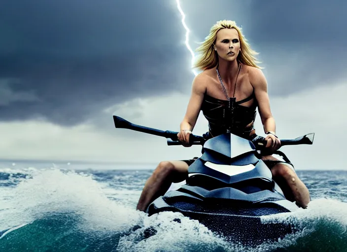 Prompt: film still of charlize theron as a viking women with weapons riding on a jet ski, wearing skin - tight futuristic valkerie bikini, rough seas in background, lightning storms, water world, mad max, hyper - realistic, highly detailed, accurate, 8 k octane render, 2 8 mm, wide angle, rule of thirds