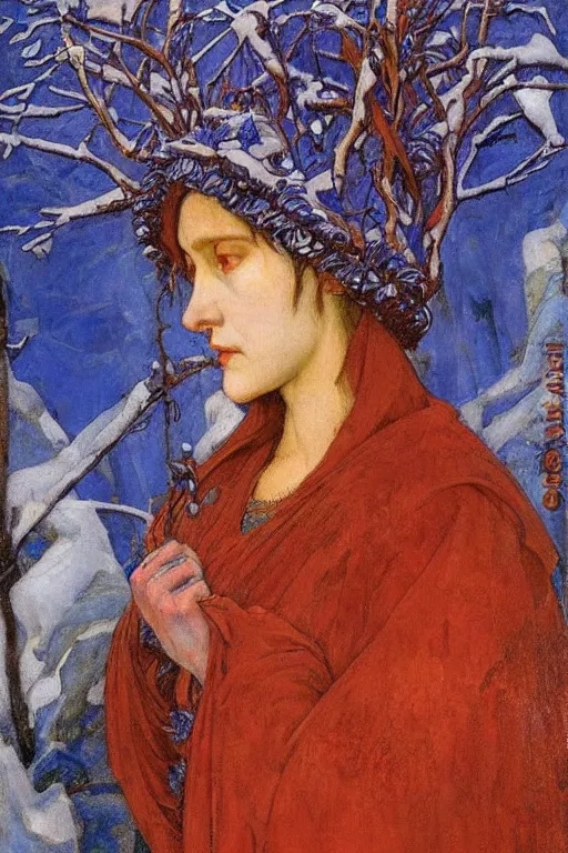 Prompt: queen of winter by Annie Swynnerton and Nicholas Roerich, strong dramatic cinematic lighting , ornate headdress , flowing robes, lost civilizations, smooth, sharp focus, extremely detailed
