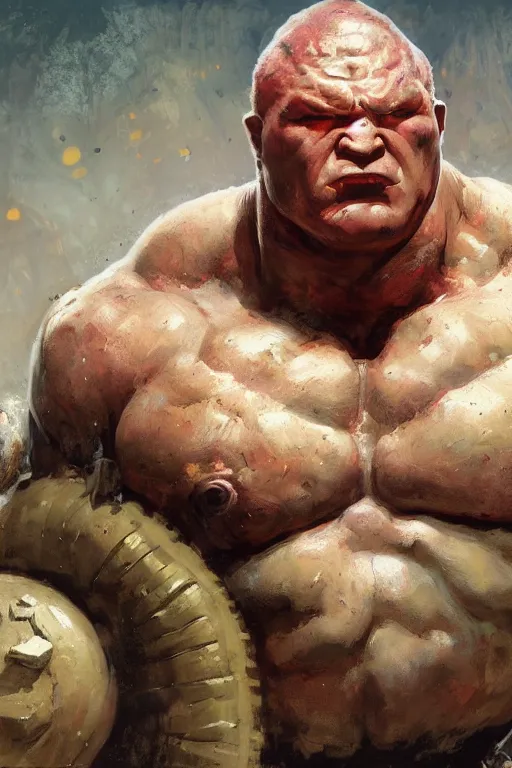 Image similar to upper body and head portrait of hulking brock lesnar as marvel juggernaut wearing battered armour, norman rockwell, wayne barlow, raymond swanland, tom lovell, alex malveda, boris vallejo, jack kirby, lawrence alma tadema, greg staples, jeremy mann, artstation comic character concept