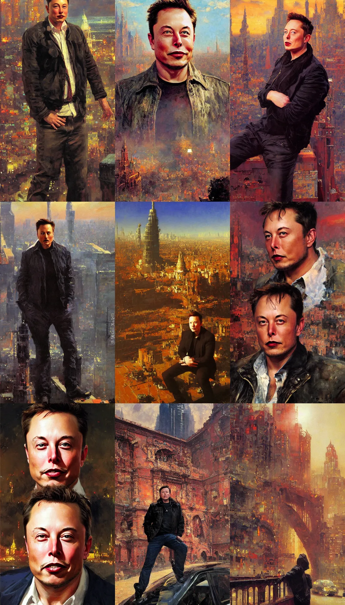 Image similar to portrait of elon musk!!!!!!!!!!!!!!!!!!!!!!!!!!!, detailed face, detailed painting, detailed city background, epic lighting, by ilya repin and phil hale