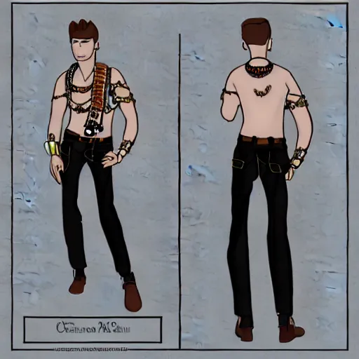 Image similar to a character model sheet of a very handsome young man wearing excessive jewelry in a stylish and cool way