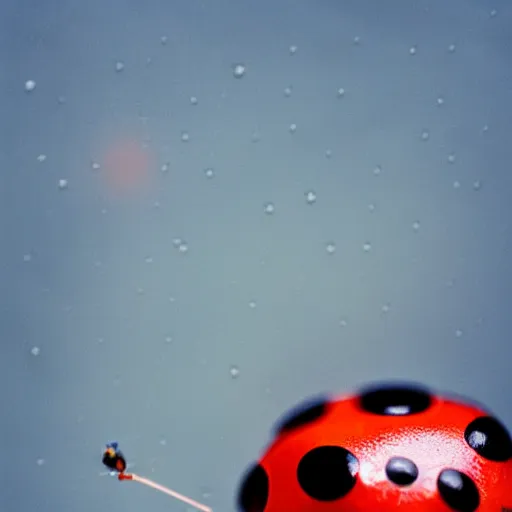 Prompt: a cute tiny robot holds a big flower up in the rain, a ladybug is beside the robot, award winning macro photography, kodachrome, dramatic lighting