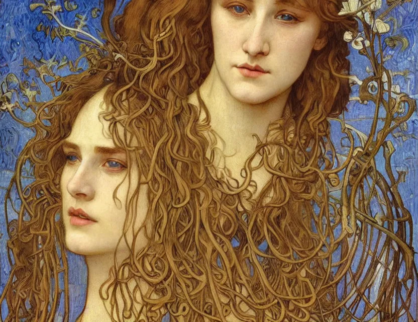 Image similar to detailed realistic beautiful young medieval queen face portrait by jean delville, alphonse mucha, vincent van gogh, and marco mazzoni, art nouveau, symbolist, visionary, gothic, pre - raphaelite