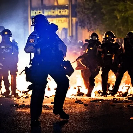 Prompt: portrait of a policeman head on fire during a riot, centered, at night ,editorial photography