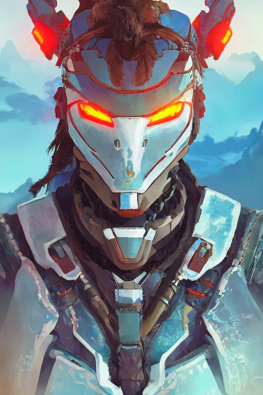 Image similar to combination suit armor aloy horizon forbidden west horizon zero dawn radiating a glowing aura global illumination ray tracing hdr fanart arstation by ian pesty and alena aenami artworks in 4 k tribal robot ninja mask helmet backpack