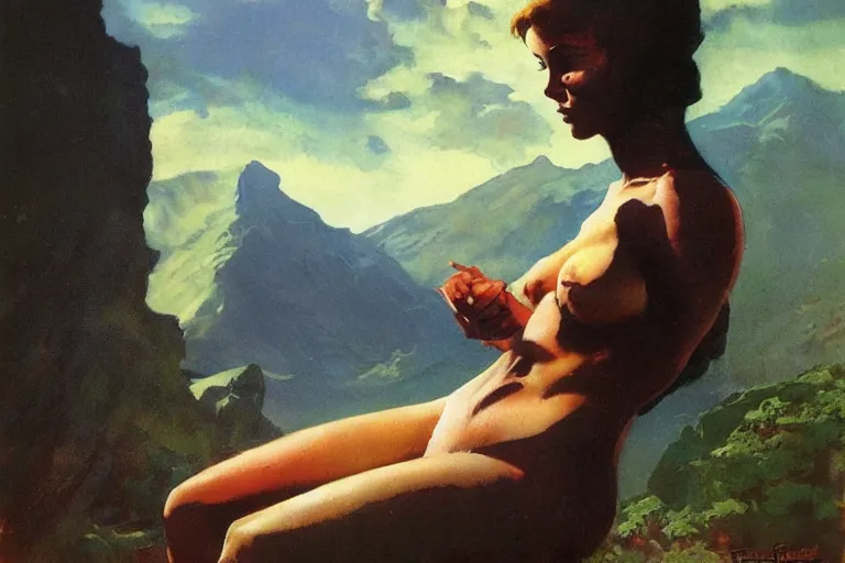 Image similar to a portrait of a character in a scenic environment by Frank Frazetta