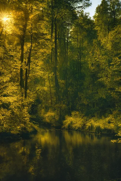 Prompt: river in a forest, golden hour, ray tracing reflection, 8k, hyper realistic, insainly detailed, hdr, octan render