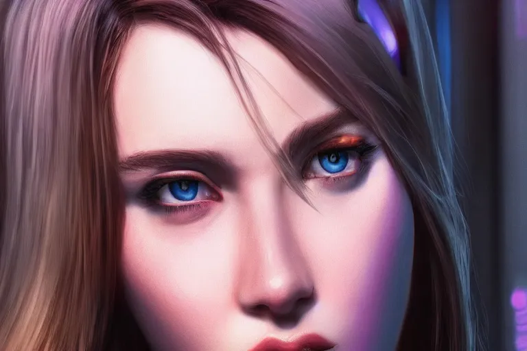 Image similar to hyperrealistic close up portrait of stunningly beautiful 20 year old female, proportionate face, lit by dawn light, cyberpunk city on background, trending on artstation