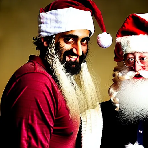 Image similar to uhd candid photo of bin laden and santa claus on skid row, making a dirty bomb. correct faces, studio lighting, intricate details, hyperdetailed, accurate faces. photo by annie leibowitz