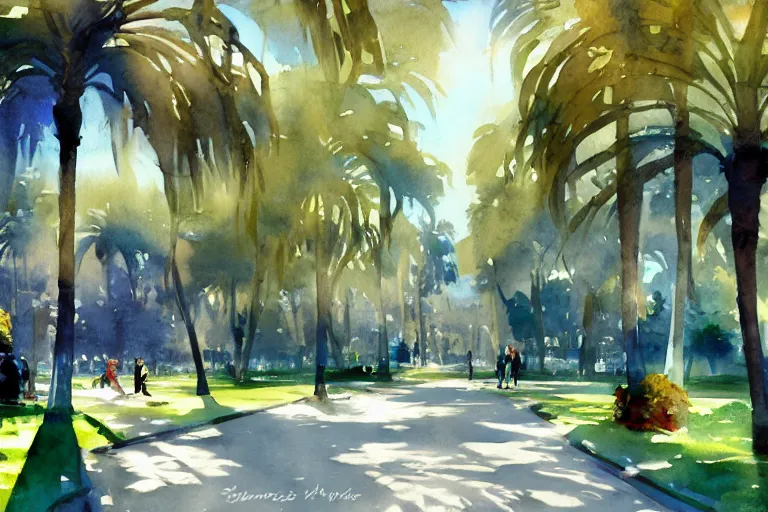 Image similar to small centered on watercolor paper, paint brush strokes, abstract watercolor painting of city park with palm trees, daylight, shadows, covering foliage over pathway, sunlight shining through, translucent leaves, cinematic light, national romanticism by hans dahl, by jesper ejsing, by anders zorn, by greg rutkowski, by greg manchess, by tyler edlin