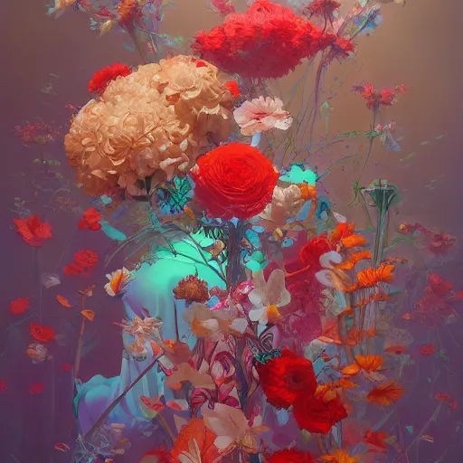 Prompt: a bouquet of flowers, flowers with very long petals,stark sunlight, hard light and long shadows, neon glowing, vivid, detailed painting, by James Jean and Ross Tran, masterpiece, award winning painting