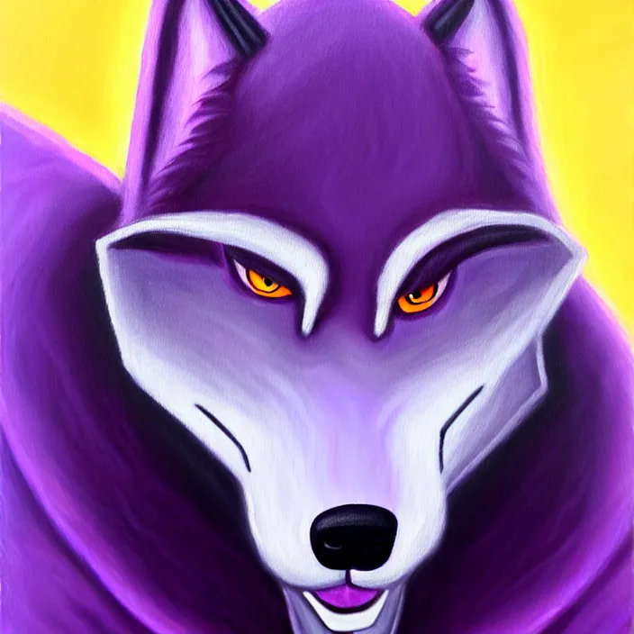 Prompt: a painting of a purple anthropomorphic male wolf fursona wearing a hoodie, furry art, oil on canvas, soft lighting, goatee, cute