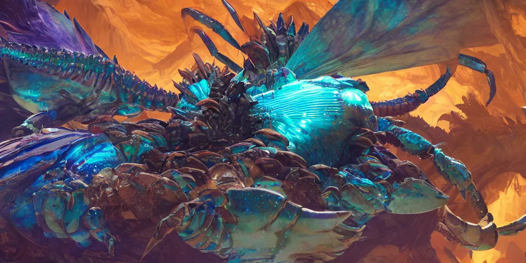 Image similar to Iridescent crab seamonster, character design sheet, Monster Hunter Illustrations art book, diamond sharp claws, huge arms, iridescent shards on its back, Moebius, Greg Rutkowski, Zabrocki, Karlkka, Jayison Devadas, Phuoc Quan, trending on Artstation, 8K, ultra wide angle, zenith view, pincushion lens effect.