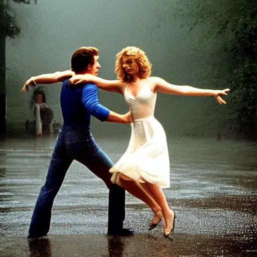 Prompt: dirty dancing poster with young arnold schwarzenegger dancing with jennifer lawrence in the rain, beautiful white wet dress, 5 0 mm cinema shot, beautiful light, best lense, romantic movie, 4 k