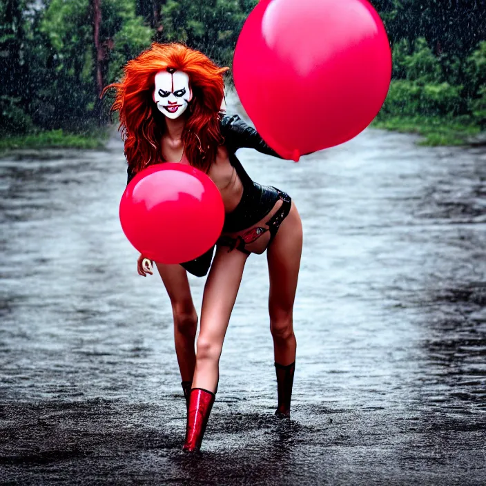 Image similar to fully body pose, photo of a very beautiful!! victoria secret model, pennywise, wet hair, raining, 8 k, hdr, smooth, sharp focus, high resolution, award - winning photo, trending on artstation, dslr, 5 0 mm