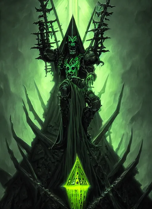 Image similar to portrait of nagash sitting atop his black pyramid, spirits of the dead, evil, grim dark, gloomy, mist, warhammer 4 0 k, onyx, intricate, elegant, evil green candles, highly detailed, digital painting, artstation, concept art, smooth, sharp focus, illustration, art by wlop, mars ravelo and greg rutkowski