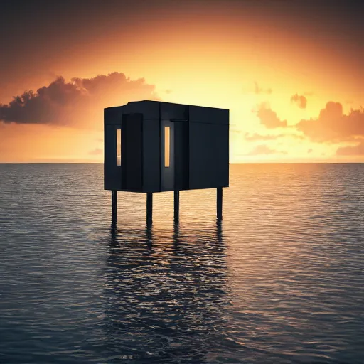 Image similar to a dirty public bathroom stall floating in the middle of the ocean, sunset, ultra realistic digital art, 4k, cgsociety, HDR, Intricate