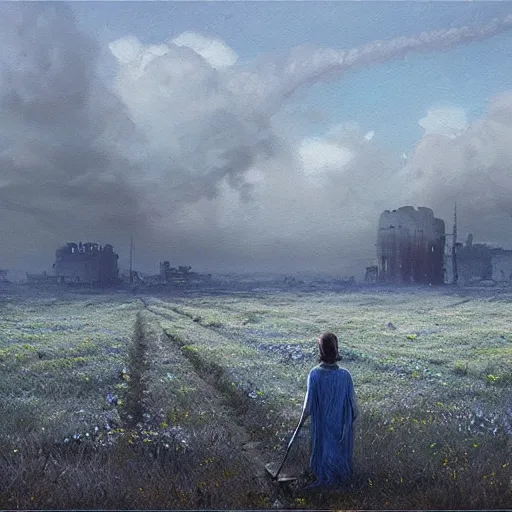 Prompt: Single blue flower growing on an ashen field, apocalyptik city, clouded sky, oil painting, by Greg Rutkowski