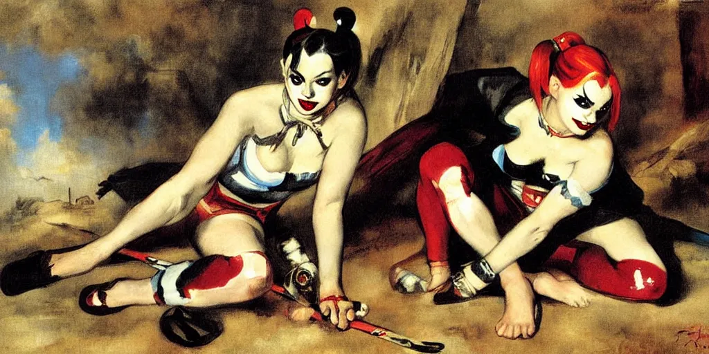 Image similar to harley quinn in the swing painting by eugene delacroix