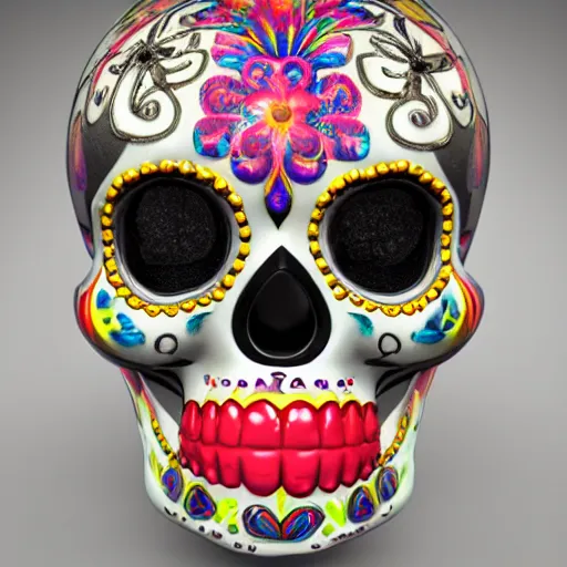 Prompt: spotlight studio photo of a sugar skull made of mercury, 8 k hd, 3 d